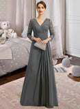 Jaslene A-line V-Neck Floor-Length Chiffon Lace Mother of the Bride Dress With Pleated UKP0021850