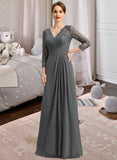 Jaslene A-line V-Neck Floor-Length Chiffon Lace Mother of the Bride Dress With Pleated UKP0021850