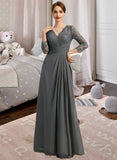 Jaslene A-line V-Neck Floor-Length Chiffon Lace Mother of the Bride Dress With Pleated UKP0021850