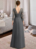 Jaslene A-line V-Neck Floor-Length Chiffon Lace Mother of the Bride Dress With Pleated UKP0021850