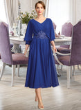 Carla A-line V-Neck Tea-Length Chiffon Mother of the Bride Dress With Beading Pleated Appliques Lace Sequins UKP0021853