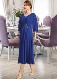 Carla A-line V-Neck Tea-Length Chiffon Mother of the Bride Dress With Beading Pleated Appliques Lace Sequins UKP0021853