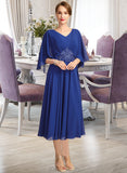 Carla A-line V-Neck Tea-Length Chiffon Mother of the Bride Dress With Beading Pleated Appliques Lace Sequins UKP0021853