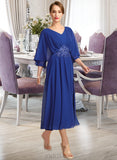 Carla A-line V-Neck Tea-Length Chiffon Mother of the Bride Dress With Beading Pleated Appliques Lace Sequins UKP0021853