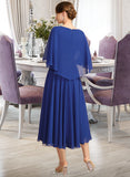 Carla A-line V-Neck Tea-Length Chiffon Mother of the Bride Dress With Beading Pleated Appliques Lace Sequins UKP0021853