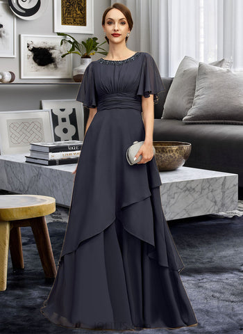 Jaelyn A-line Scoop Floor-Length Chiffon Mother of the Bride Dress With Beading Pleated Sequins UKP0021856