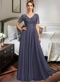 Hailie A-line V-Neck Illusion Floor-Length Chiffon Lace Mother of the Bride Dress With Sequins UKP0021867