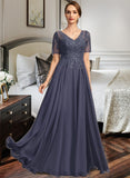 Hailie A-line V-Neck Illusion Floor-Length Chiffon Lace Mother of the Bride Dress With Sequins UKP0021867