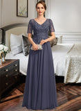 Hailie A-line V-Neck Illusion Floor-Length Chiffon Lace Mother of the Bride Dress With Sequins UKP0021867