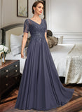 Hailie A-line V-Neck Illusion Floor-Length Chiffon Lace Mother of the Bride Dress With Sequins UKP0021867