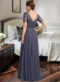 Hailie A-line V-Neck Illusion Floor-Length Chiffon Lace Mother of the Bride Dress With Sequins UKP0021867