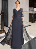 Melanie A-line V-Neck Floor-Length Chiffon Lace Mother of the Bride Dress With Pleated Sequins UKP0021880