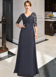 Melanie A-line V-Neck Floor-Length Chiffon Lace Mother of the Bride Dress With Pleated Sequins UKP0021880