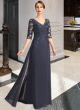 Melanie A-line V-Neck Floor-Length Chiffon Lace Mother of the Bride Dress With Pleated Sequins UKP0021880