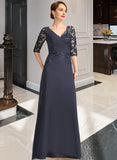 Melanie A-line V-Neck Floor-Length Chiffon Lace Mother of the Bride Dress With Pleated Sequins UKP0021880