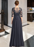 Melanie A-line V-Neck Floor-Length Chiffon Lace Mother of the Bride Dress With Pleated Sequins UKP0021880