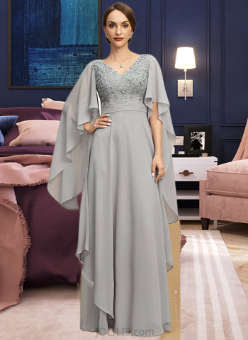 Kira A-line V-Neck Floor-Length Chiffon Lace Mother of the Bride Dress With Cascading Ruffles Sequins UKP0021883