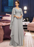 Kira A-line V-Neck Floor-Length Chiffon Lace Mother of the Bride Dress With Cascading Ruffles Sequins UKP0021883