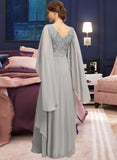 Kira A-line V-Neck Floor-Length Chiffon Lace Mother of the Bride Dress With Cascading Ruffles Sequins UKP0021883