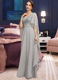 Kira A-line V-Neck Floor-Length Chiffon Lace Mother of the Bride Dress With Cascading Ruffles Sequins UKP0021883