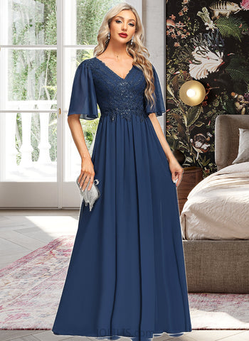 Cindy A-line V-Neck Floor-Length Chiffon Lace Mother of the Bride Dress With Sequins UKP0021888