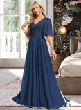 Cindy A-line V-Neck Floor-Length Chiffon Lace Mother of the Bride Dress With Sequins UKP0021888