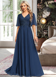 Cindy A-line V-Neck Floor-Length Chiffon Lace Mother of the Bride Dress With Sequins UKP0021888