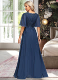 Cindy A-line V-Neck Floor-Length Chiffon Lace Mother of the Bride Dress With Sequins UKP0021888