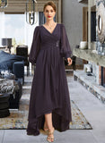 Daniela A-line V-Neck Asymmetrical Chiffon Mother of the Bride Dress With Beading Cascading Ruffles Sequins UKP0021893