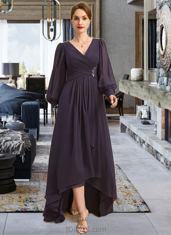 Daniela A-line V-Neck Asymmetrical Chiffon Mother of the Bride Dress With Beading Cascading Ruffles Sequins UKP0021893