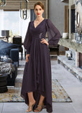 Daniela A-line V-Neck Asymmetrical Chiffon Mother of the Bride Dress With Beading Cascading Ruffles Sequins UKP0021893