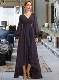 Daniela A-line V-Neck Asymmetrical Chiffon Mother of the Bride Dress With Beading Cascading Ruffles Sequins UKP0021893