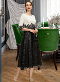 Carly A-line Scoop Tea-Length Chiffon Lace Mother of the Bride Dress With Sequins UKP0021903