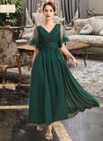 Chaya A-line V-Neck Ankle-Length Chiffon Lace Mother of the Bride Dress With Sequins UKP0021914