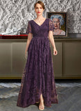 Alanna A-line V-Neck Asymmetrical Lace Mother of the Bride Dress With Cascading Ruffles UKP0021918