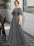 Aliya A-line Scoop Illusion Floor-Length Chiffon Lace Mother of the Bride Dress With Sequins UKP0021921