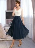 Rebekah A-line V-Neck Tea-Length Chiffon Mother of the Bride Dress With Beading Pleated UKP0021923