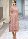 Laurel A-line V-Neck Tea-Length Chiffon Lace Mother of the Bride Dress With Pleated UKP0021927