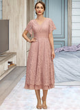 Laurel A-line V-Neck Tea-Length Chiffon Lace Mother of the Bride Dress With Pleated UKP0021927