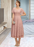 Laurel A-line V-Neck Tea-Length Chiffon Lace Mother of the Bride Dress With Pleated UKP0021927