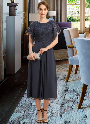 Michaela A-line Scoop Tea-Length Chiffon Lace Mother of the Bride Dress With Pleated UKP0021928