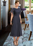 Michaela A-line Scoop Tea-Length Chiffon Lace Mother of the Bride Dress With Pleated UKP0021928