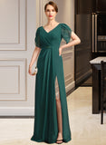 Maryjane Sheath/Column V-Neck Floor-Length Chiffon Mother of the Bride Dress With Beading Pleated UKP0021949