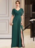 Maryjane Sheath/Column V-Neck Floor-Length Chiffon Mother of the Bride Dress With Beading Pleated UKP0021949