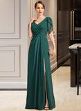 Maryjane Sheath/Column V-Neck Floor-Length Chiffon Mother of the Bride Dress With Beading Pleated UKP0021949