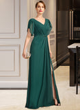 Maryjane Sheath/Column V-Neck Floor-Length Chiffon Mother of the Bride Dress With Beading Pleated UKP0021949