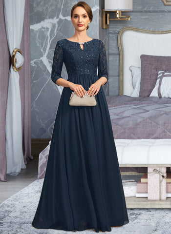 Brianna A-line Scoop Floor-Length Chiffon Lace Mother of the Bride Dress With Crystal Brooch Sequins UKP0021961