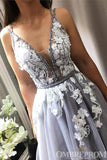 V Neck Sleeveless A Line Prom Dresses with Appliques