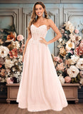 Samantha Ball-Gown/Princess V-Neck Floor-Length Tulle Prom Dresses With Sequins Appliques Lace JLP0025837