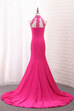 Satin Mermaid High Neck Prom Dresses With Applique Sweep Train